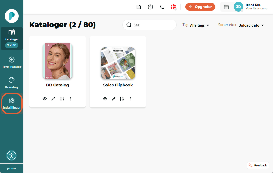 Forsiden af Flipbooks med fanen Indstillinger fremhævet i menuen til venstre.