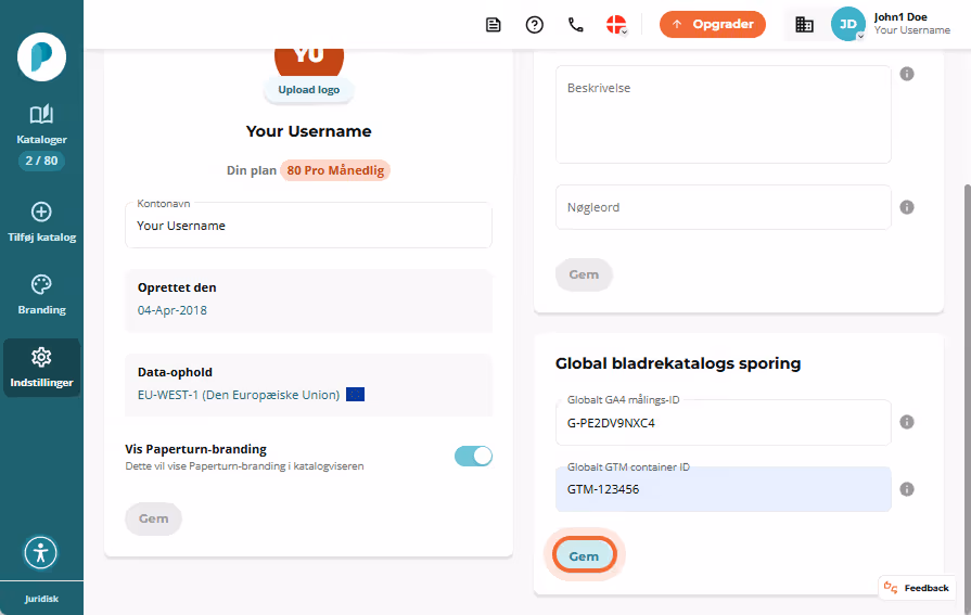 Indstillingssiden viser kontonavn, dataplacering og globale sporingmuligheder, med GTM-container-ID Indstillingssiden viser kontonavn, dataplacering og globale sporingmuligheder, med GTM-container-ID