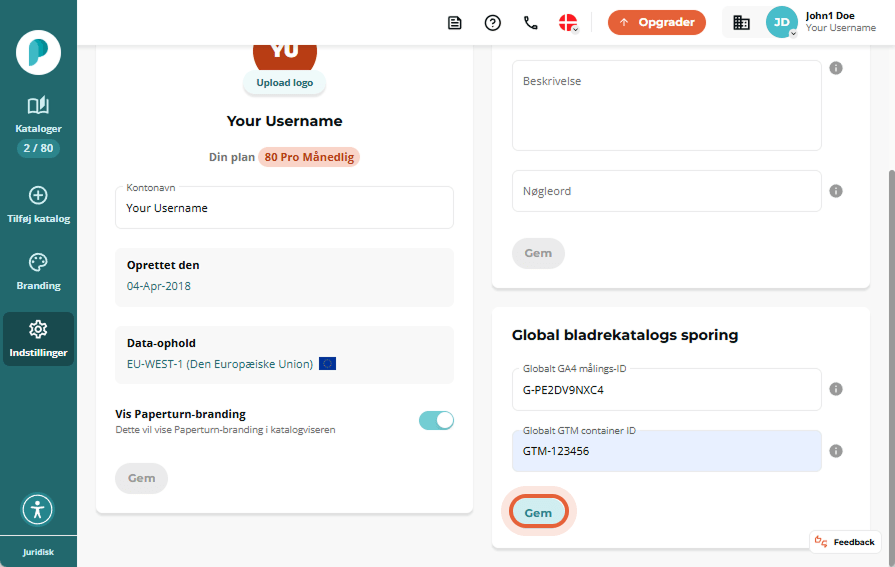 Indstillingssiden viser kontonavn, dataplacering og globale sporingmuligheder, med GTM-container-ID 