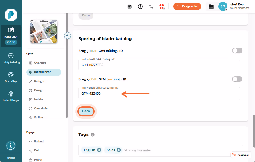 Paperturns indstillingsside, der viser flipbook-sporingssektionen med knapper og inputfelter til GA4 Paperturns indstillingsside, der viser flipbook-sporingssektionen med knapper og inputfelter til GA4