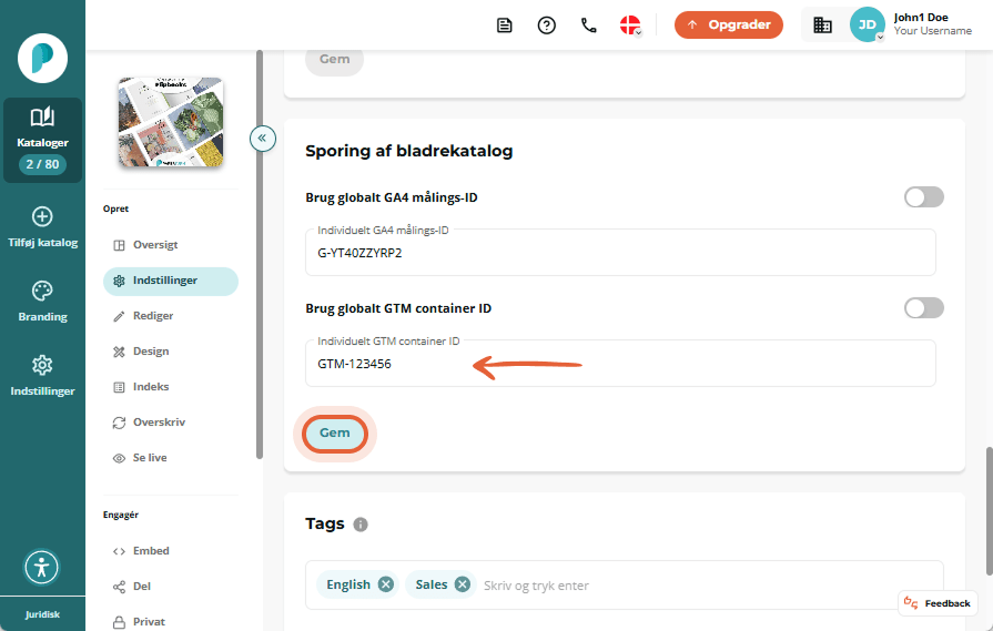 Paperturns indstillingsside, der viser flipbook-sporingssektionen med knapper og inputfelter til GA4