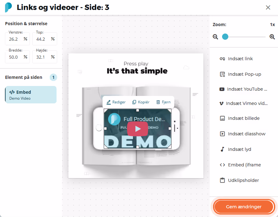 Den indlejrede video vises nu centreret på flipbook-siden med en synlig afspilningsknap. Den indlejrede video vises nu centreret på flipbook-siden med en synlig afspilningsknap.