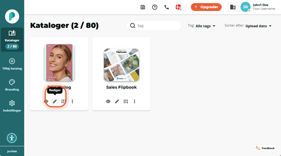 Denne knap er valgt under BB-kataloget for at begynde redigering.