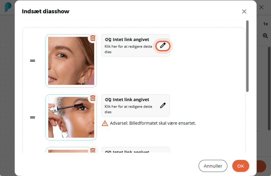 Et eksempel på diasshowet vises med flere dias, og redigeringsikonet er fremhævet for at redigere li