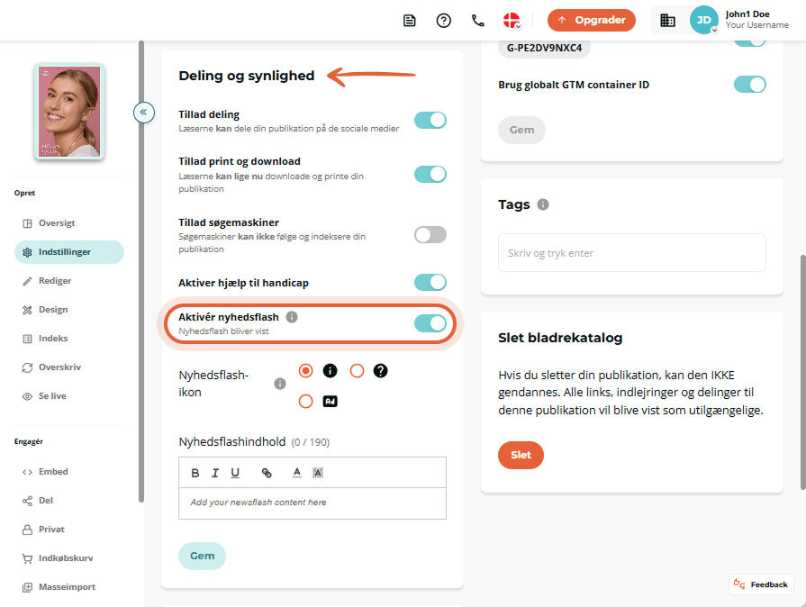 I sektionen Deling og synlighed aktiverer brugeren Newsflash-knappen.