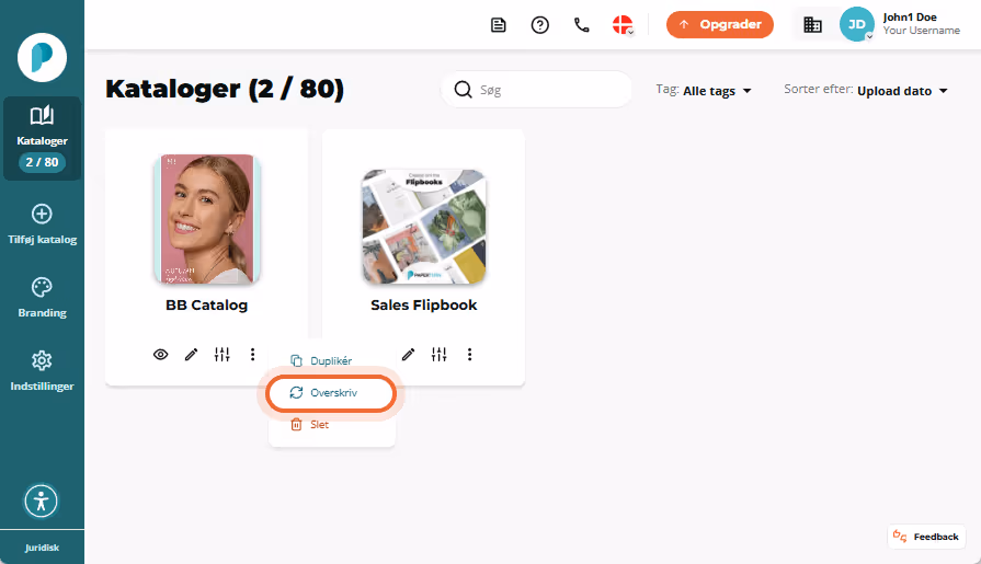Grænseflade til overskrivning af flipbook, der viser træk-og-slip uploadområde og 