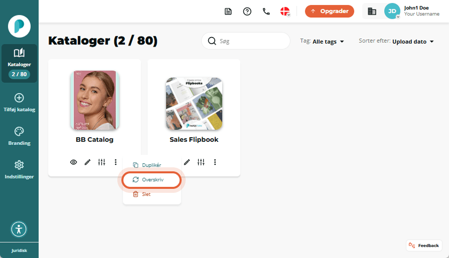 Grænseflade til overskrivning af flipbook, der viser træk-og-slip uploadområde og 