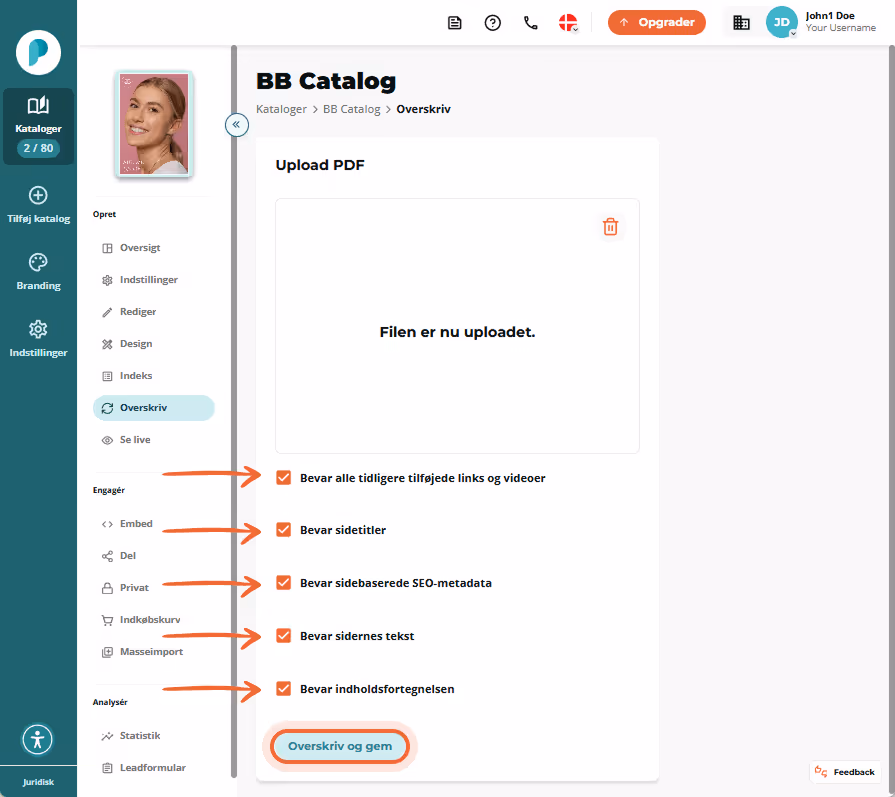 Uploadet flipbook med valgte overskrivningsindstillinger: behold links, titler, SEO og indholdsforte