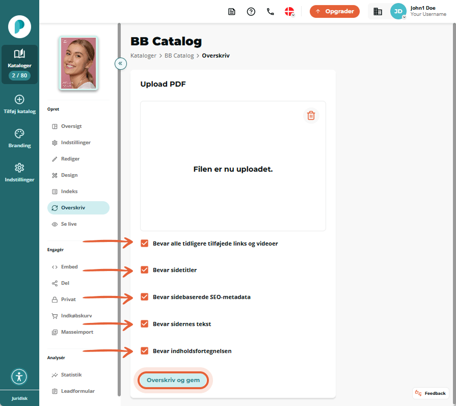 Uploadet flipbook med valgte overskrivningsindstillinger: behold links, titler, SEO og indholdsforte
