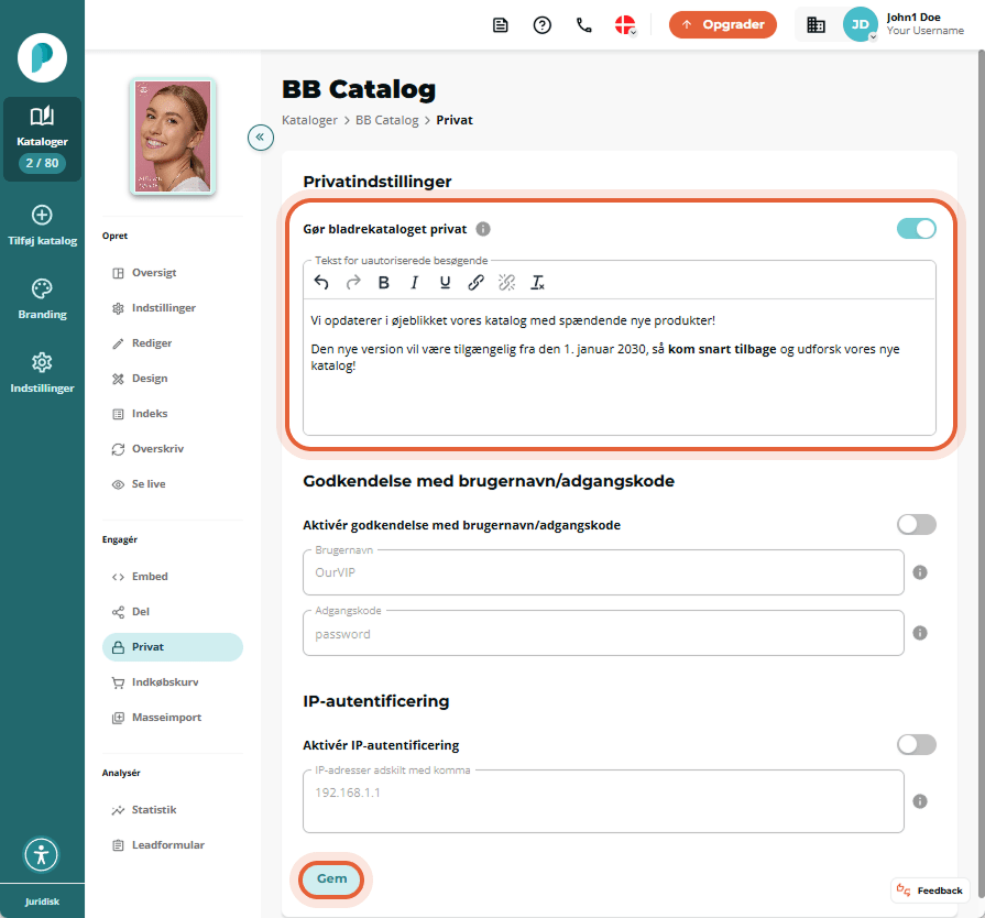Aktiverede privatlivsindstillinger for BB Catalog med besked om opdatering og tilgængelighedsdato, s