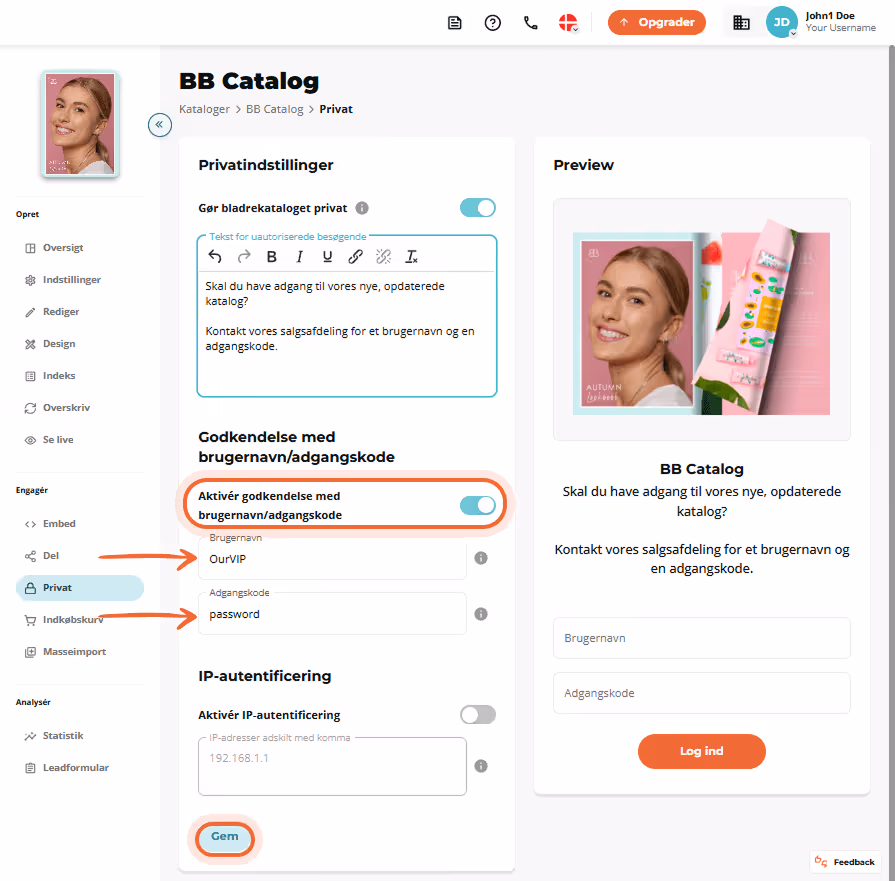 Side med aktiveret privatliv og brugernavn/adgangskode-beskyttelse, samt forhåndsvisning af besked o Side med aktiveret privatliv og brugernavn/adgangskode-beskyttelse, samt forhåndsvisning af besked o