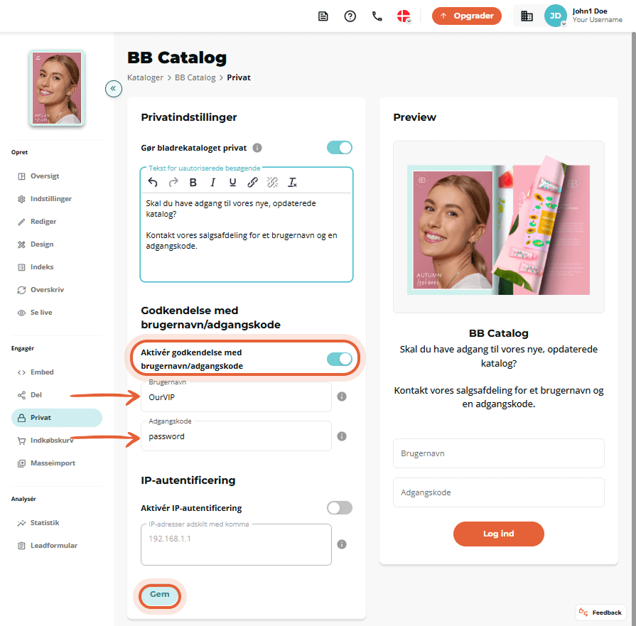 Side med aktiveret privatliv og brugernavn/adgangskode-beskyttelse, samt forhåndsvisning af besked o
