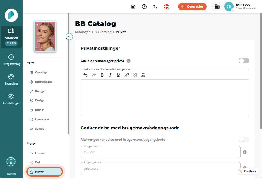 Privatlivsindstillinger med mulighed for brugernavn/adgangskode og IP-godkendelse