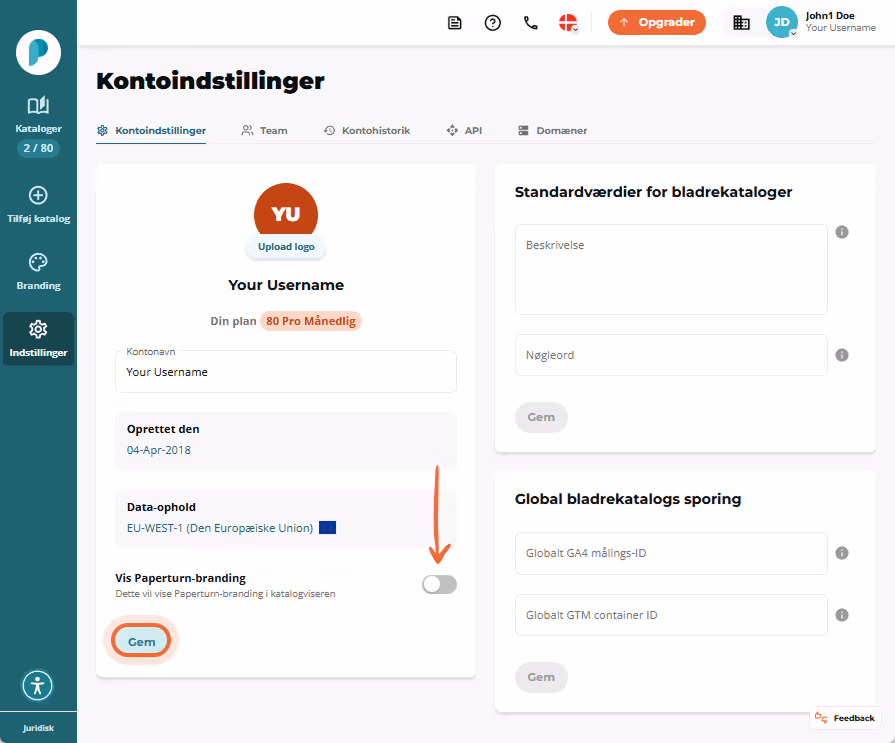 På siden med kontoinstillinger deaktiverer brugeren 