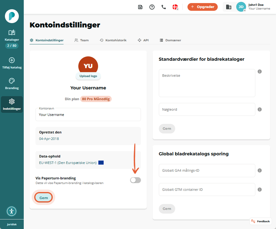 På siden med kontoinstillinger deaktiverer brugeren 
