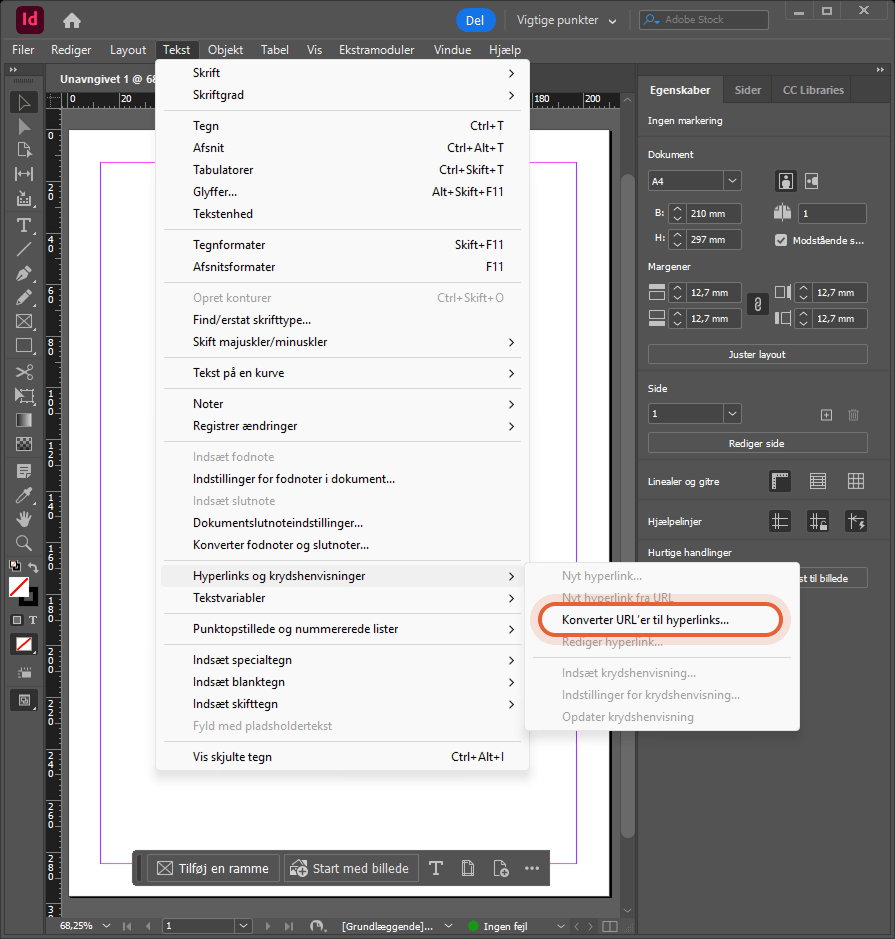 InDesign Typemenuen er udvidet, og undermenuen Hyperlinks og krydsreferencer viser kommandoen Konver
