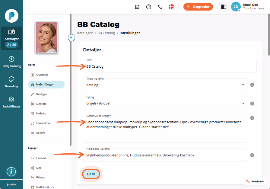 Indstillingspanel, der viser titlen “BB Catalog”, en beskrivelse af hudplejeprodukter og en liste ov Indstillingspanel, der viser titlen “BB Catalog”, en beskrivelse af hudplejeprodukter og en liste ov