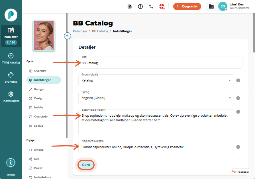 Indstillingspanel, der viser titlen “BB Catalog”, en beskrivelse af hudplejeprodukter og en liste ov