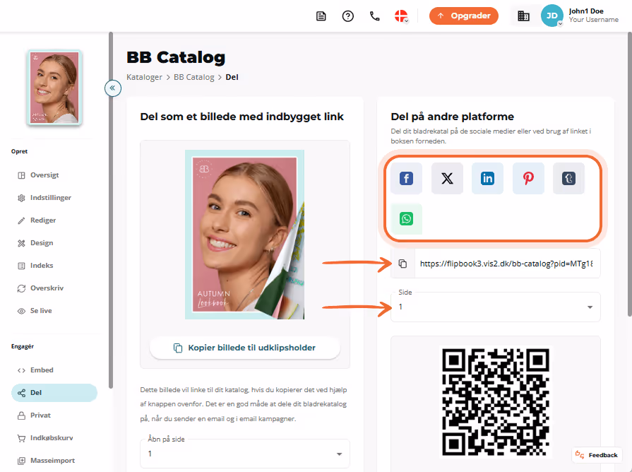 Delingsmuligheder for BB Catalog med sociale medie-knapper, delingslink og QR-kode.