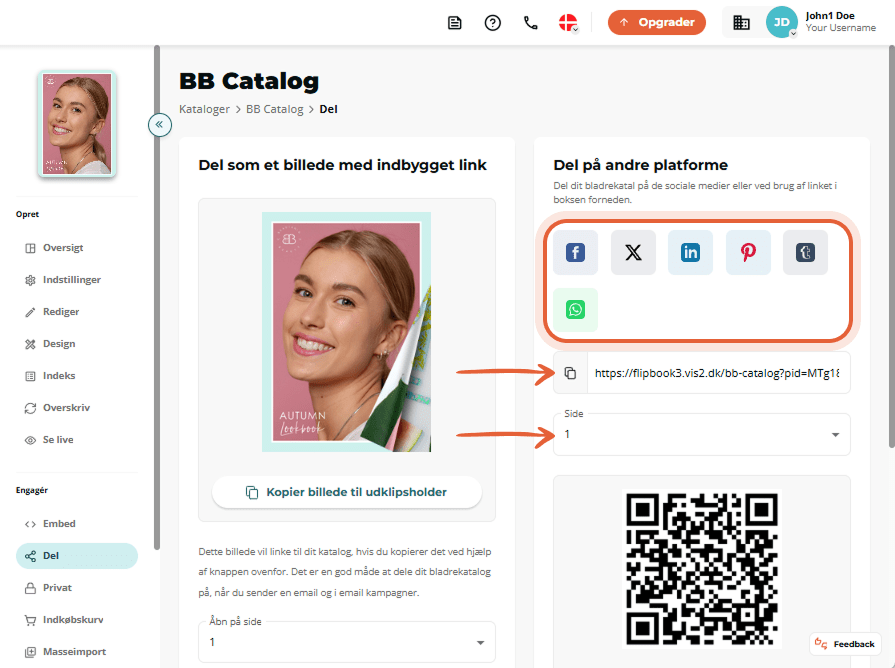 Delingsmuligheder for BB Catalog med sociale medie-knapper, delingslink og QR-kode.