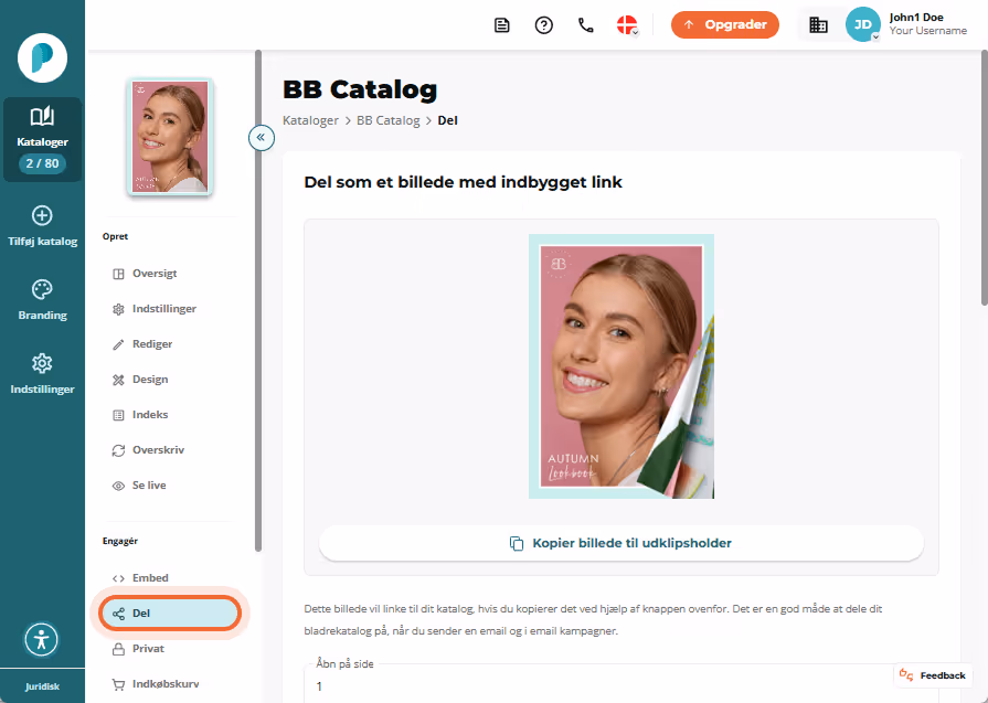Delingsindstillinger med knapper til deling, download, indeksering og tilgængelighed.