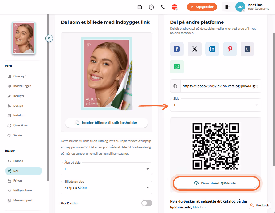 Delingsgrænseflade med knap til download af QR-kode og valg af side.