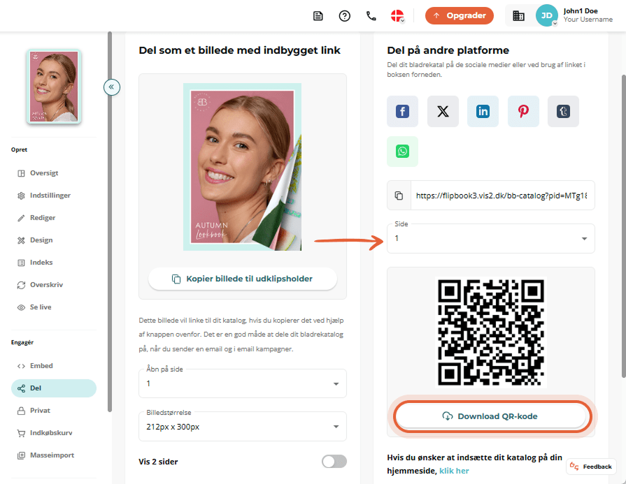 Delingsgrænseflade med knap til download af QR-kode og valg af side.
