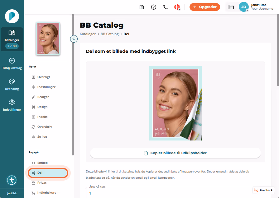 Grænseflade til billeddeling med BB-katalogforside og sociale delingsknapper