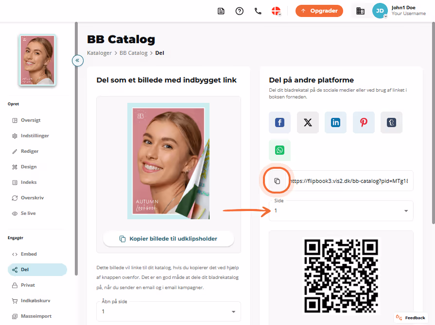 Skærm til billeddeling med QR-kode og knap til 