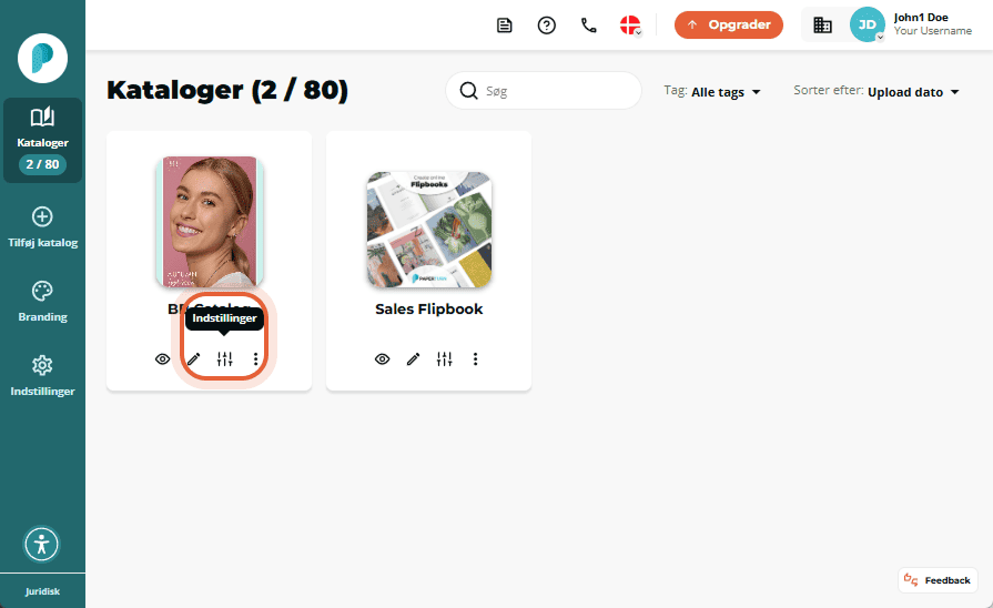 BB Catalog-dashboard, der viser flere flipbøger og knappen 