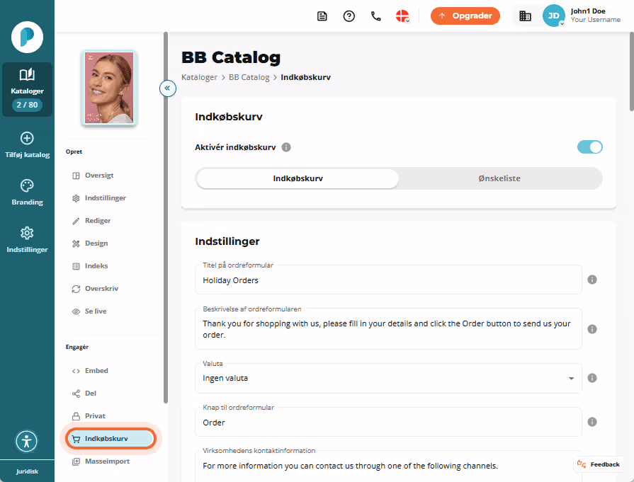 Indstillinger for indkøbskurv med ordreformularfelter som titel, beskrivelse og kontaktinfo. Indstillinger for indkøbskurv med ordreformularfelter som titel, beskrivelse og kontaktinfo.