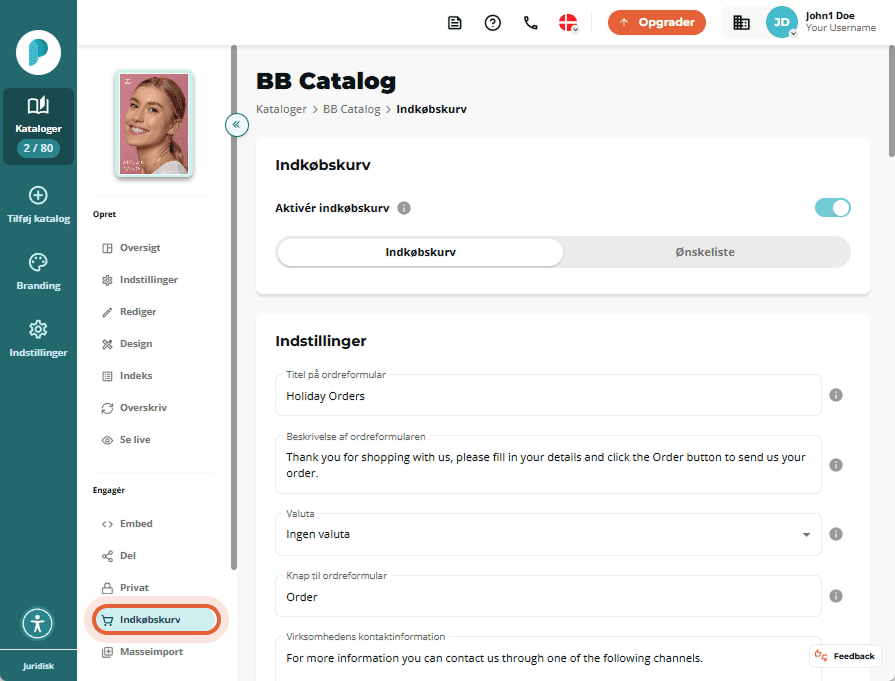 Indstillinger for indkøbskurv med ordreformularfelter som titel, beskrivelse og kontaktinfo.
