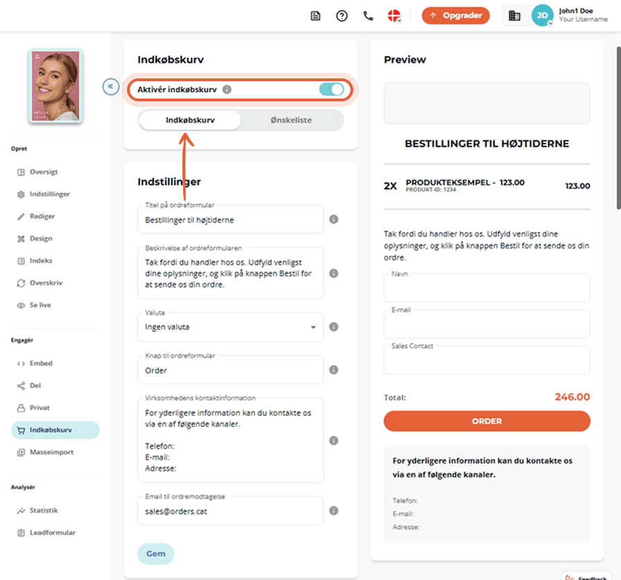 Indkøbskurvsside med oversigt over produktordre og forhåndsvisning af formular.