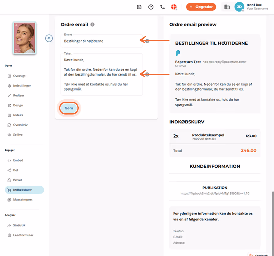 Editor til ordrebekræftelsesmail med emne- og tekstfelter og forhåndsvisning til højre.