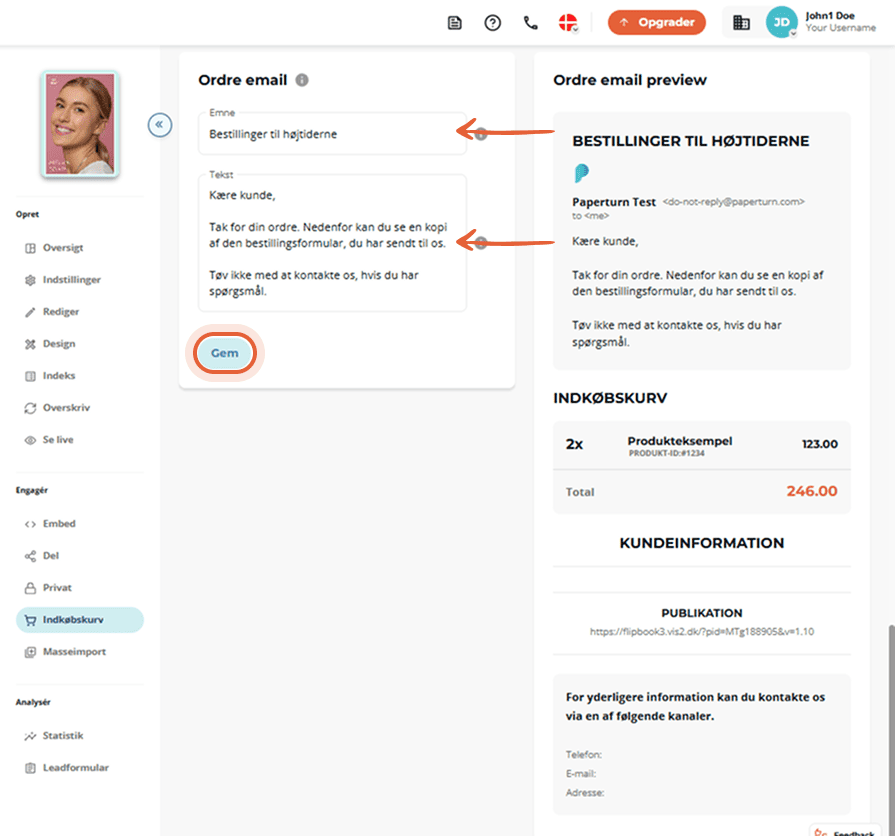 Editor til ordrebekræftelsesmail med emne- og tekstfelter og forhåndsvisning til højre.