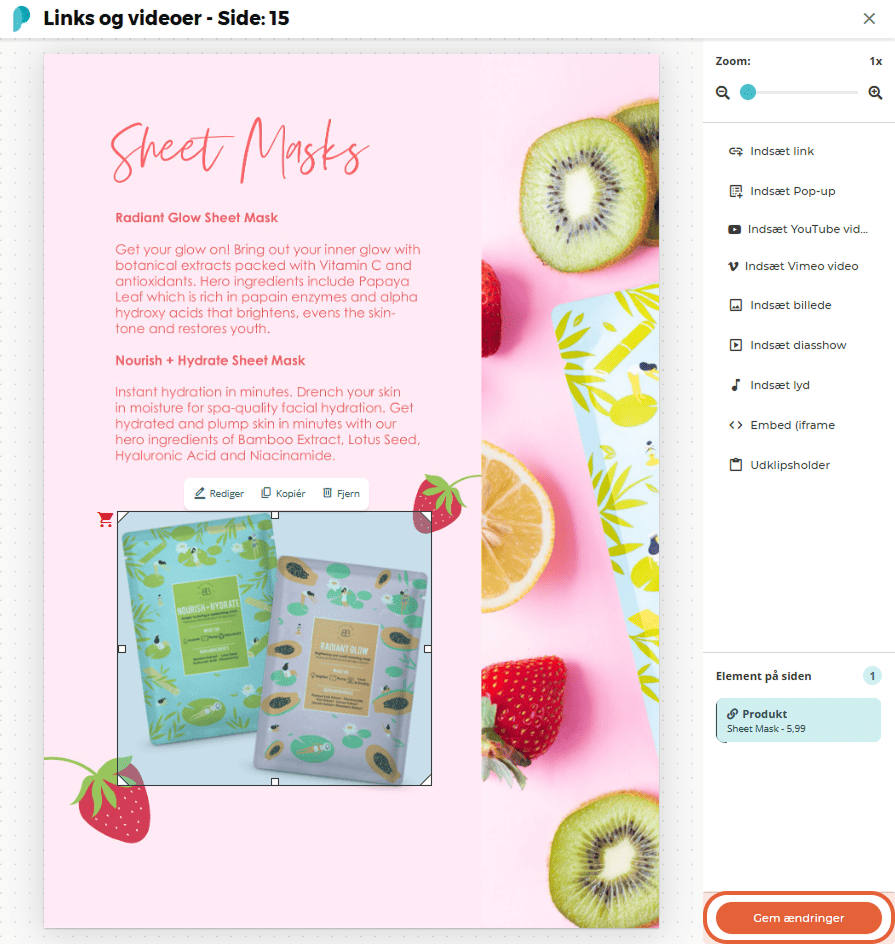 Editorvisning med tilføjet produktlink og billede af sheet masks valgt.