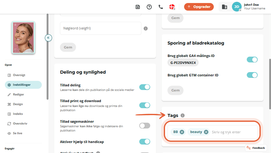 Indstillinger for deling og synlighed udvidet, viser aktiveret Newsflash-skifte med forskellige tilp