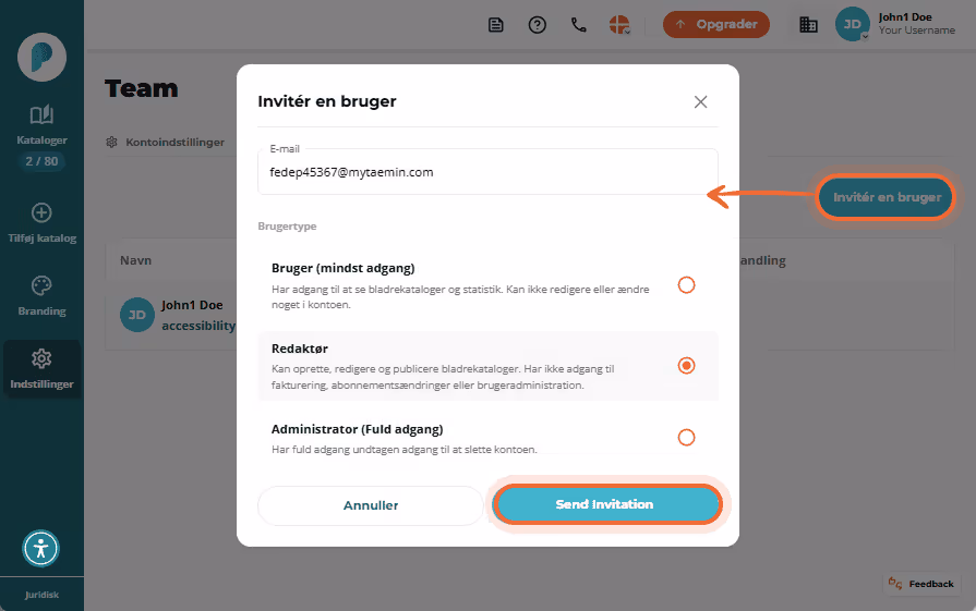 Inviter en bruger-vindue med e-mailfelt, valg af rolle (Editor valgt) og send invitationsknap. Inviter en bruger-vindue med e-mailfelt, valg af rolle (Editor valgt) og send invitationsknap.