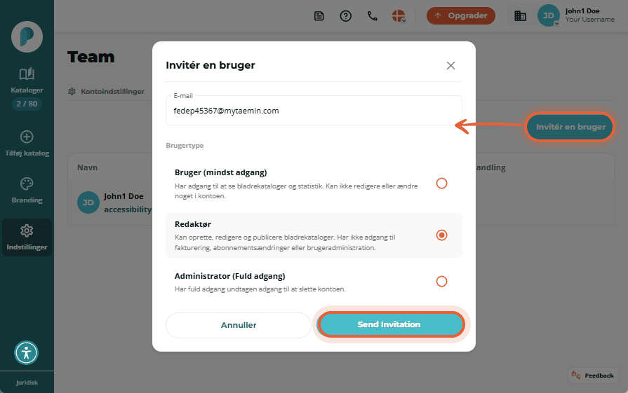 Inviter en bruger-vindue med e-mailfelt, valg af rolle (Editor valgt) og send invitationsknap.