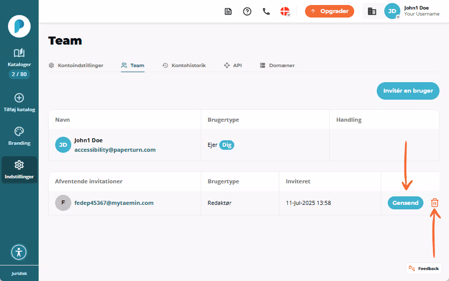 Ventende invitation til nyt teammedlem med mulighed for at gensende eller slette. Ventende invitation til nyt teammedlem med mulighed for at gensende eller slette.