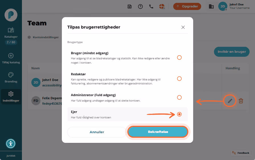 Rediger brugerrettigheder modal, hvor Rediger brugerrettigheder modal, hvor