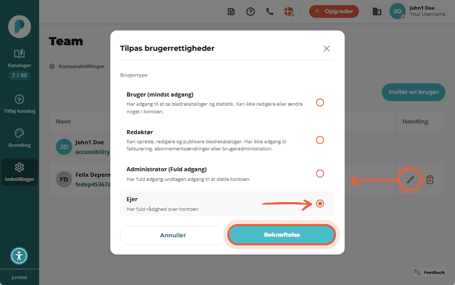 Rediger brugerrettigheder modal, hvor 