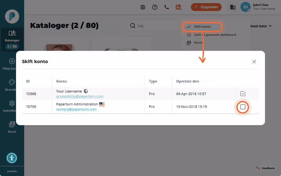 Skift konto-dialog med flere konti og afkrydsningsfelt til valg. Skift konto-dialog med flere konti og afkrydsningsfelt til valg.