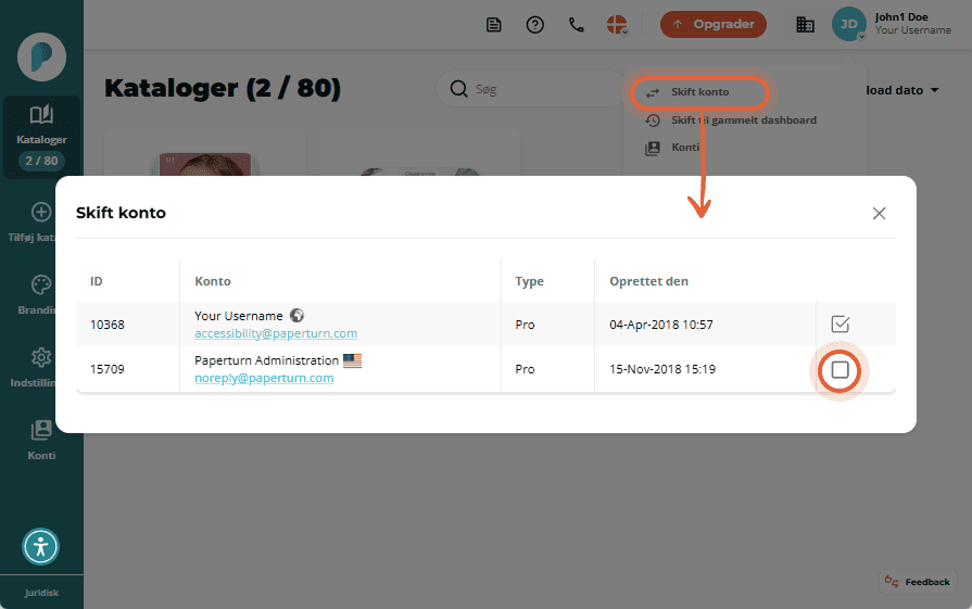Skift konto-dialog med flere konti og afkrydsningsfelt til valg.