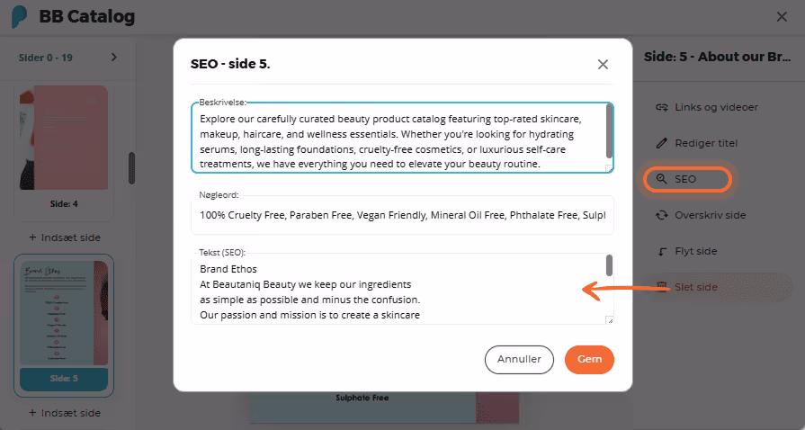 SEO-panel med felter til beskrivelse, søgeord og SEO-tekst for side 5 i en BB Catalog-bladrebog