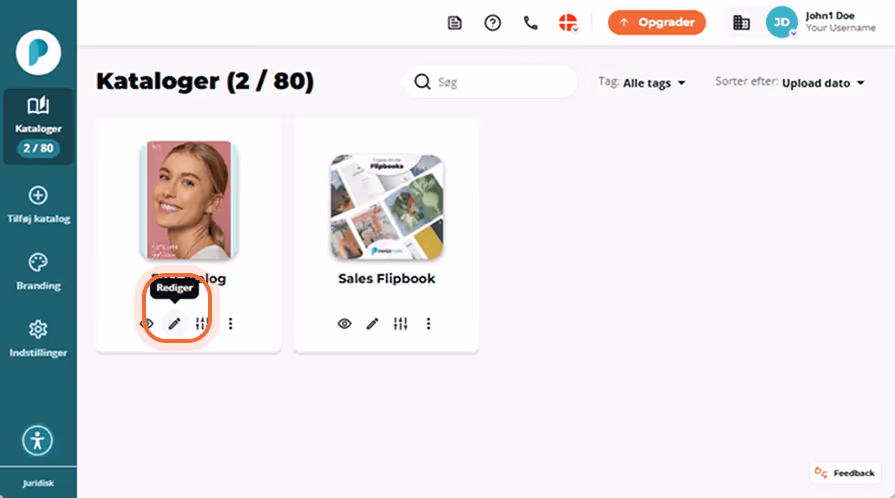 Dashboard for bladrebøger, der viser BB Catalog og Sales Flipbook med knappen 