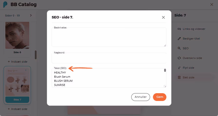 SEO-inputfelter med nøgleord og SEO-tekst vist for side 7 i BB Catalog-bladrebogen