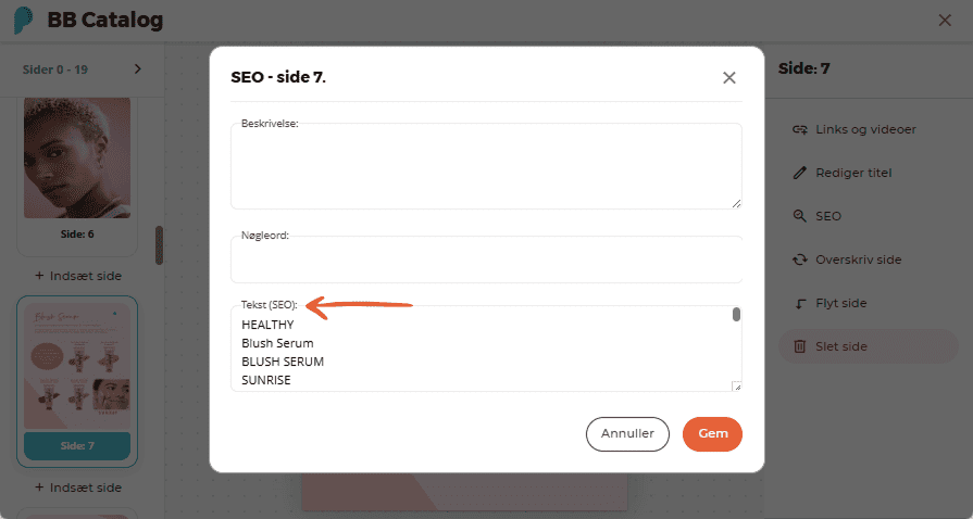 SEO-inputfelter med nøgleord og SEO-tekst vist for side 7 i BB Catalog-bladrebogen