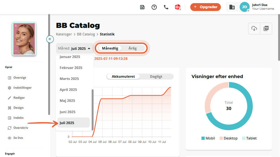 Månedligt filter valgt for flipbook-statistik med rullemenu udvidet.
