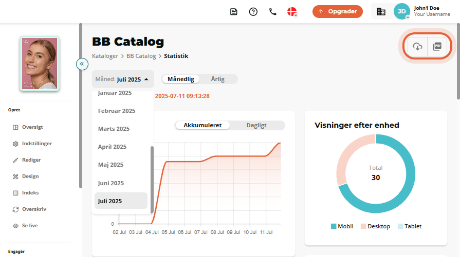 Mulighed for at downloade eller opdatere flipbook-statistik i øverste højre hjørne.